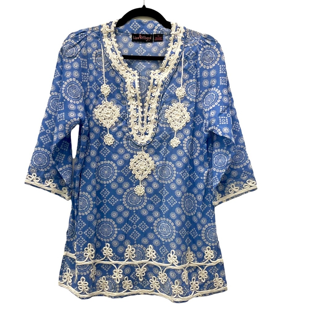 Liza Burd printed cotton tunic with cord trim accents, 3/4 sleeves, round neck M